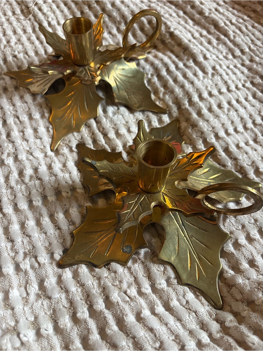 Brass Holly Leaf Candle Holders - Pair
